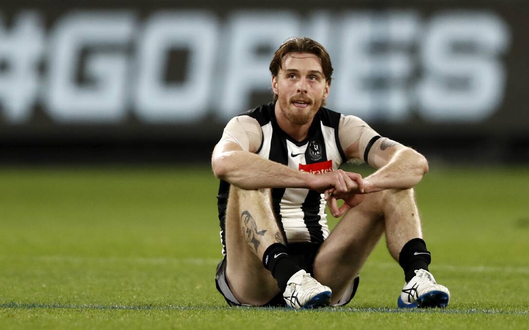 CONTEMPLATION: Collingwood's Jordan Roughead, from Ballarat, shows true leadership in reading up, sparking discussion and leading by example on a complex social and political issue. Picture: Dylan Burns, Getty Images