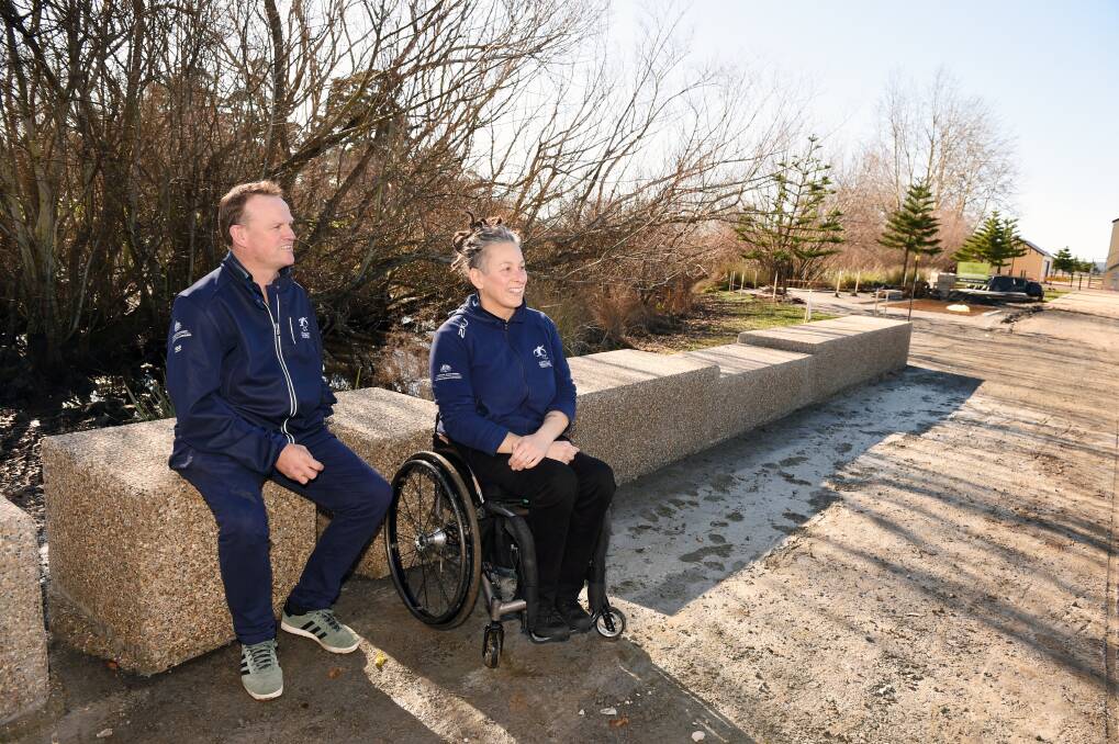 Paralympians will be honoured at the new memorial which will be positioned near the Olympic rings at Lake Wendouree. Tim Matthews and Daniela Di Toro take in the view on Thursday. Picture: Kate Healy