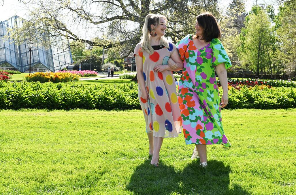 Ballarat fashion girls, Liana Skewes and Lisa Taylor in their brightest frocks for Frocktober. Picture by Kate Healy
