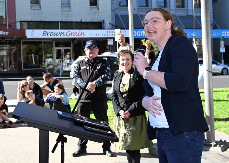 Transgender advocate and trans.au founder Abbie Clark speaking at the City of Ballarat flag raising for International Transgender Day of Visablity. Picture by Lachlan Bence