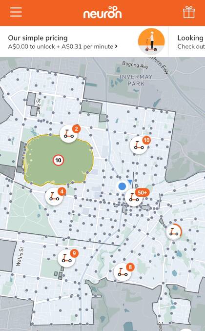 A look at the location of e-scooters around Ballarat from the Neuron Mobility app on Friday, November 10 at around 4pm. 