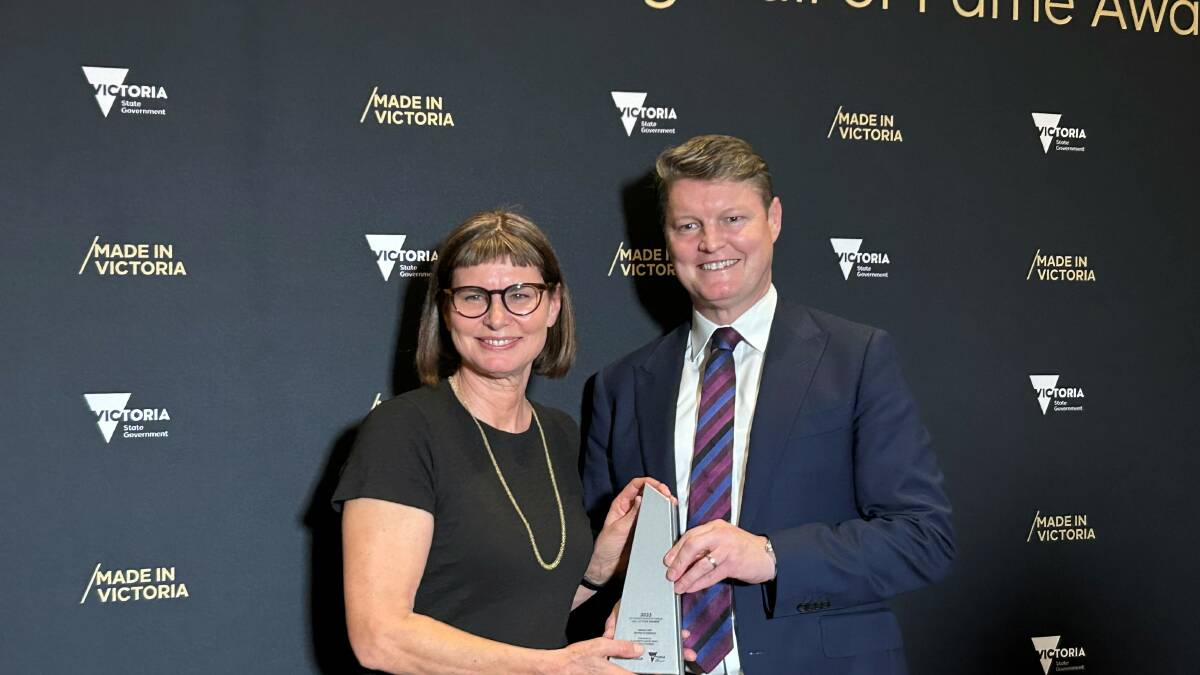 Elizabeth Lewis-Gray at the Victorian Manufacturing Hall of Fame awards with Minister for Manufacturing Ben Carroll. Picture supplied