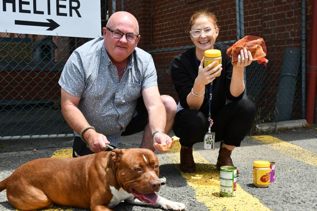 City of Ballarat mayor Des Hudson and animal services coordinator Clare Douglas-Haynes with some of the donations the shelter received. Picture by Alex Dalziel