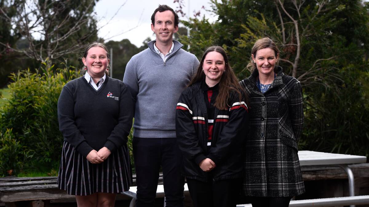 Students Rebecca Osborne and Jade Trewhella with Marketing and Communications Officer at Ballarat Community Health Mark Simmonds and Health Promotion Officer Jacinta Walsh. Picture by Adam Trafford