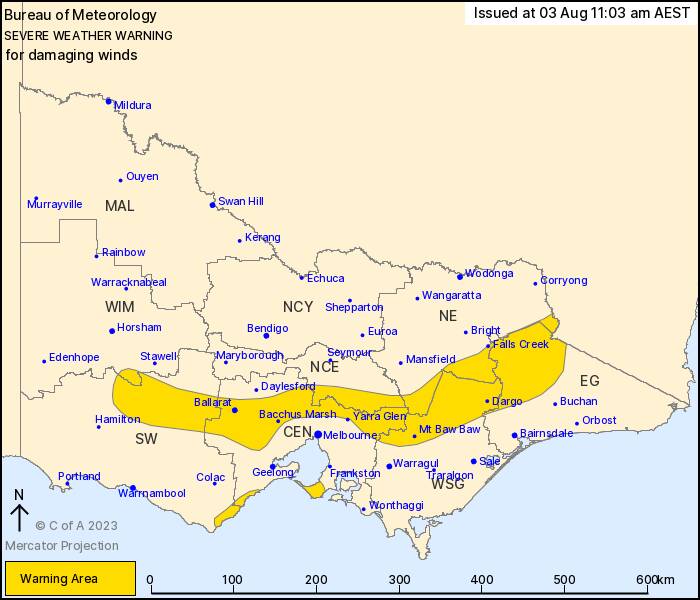 Ballarat is included in the warning area for strong and possibly damaging winds on Thursday night and into Friday. Map by Bureau of Meteorology