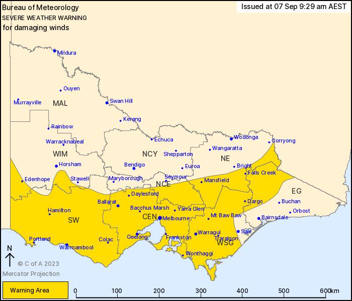 Ballarat is included in a severe weather warning for damaging winds on Thursday, September 7, 2023. Map by Bureau of Meteorology