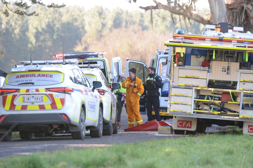 Emergency crews at the scene of a serious crash in Bullarook, east of Ballarat on Thursday, August 3. Picture by Kate Healy