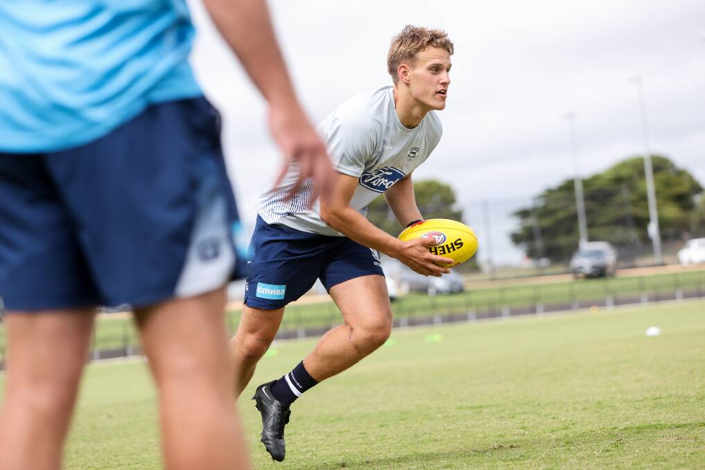 George Stevens trains with Geelong during their community camp in Warrnambool ahead of the 2023 AFL season. Picture: Anthony Brady
