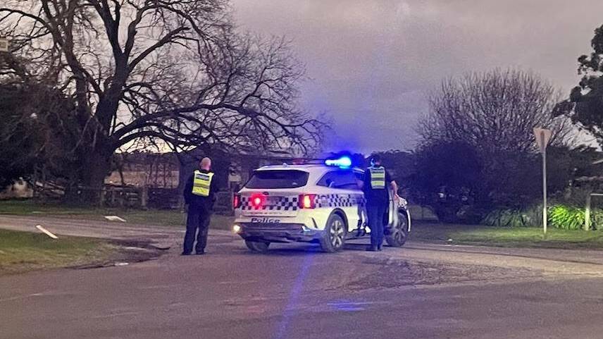 Police blocking Finchs Road at the Ballarat-Carngham Road intersection on June 27, 2022. Picture: Nieve Walton.