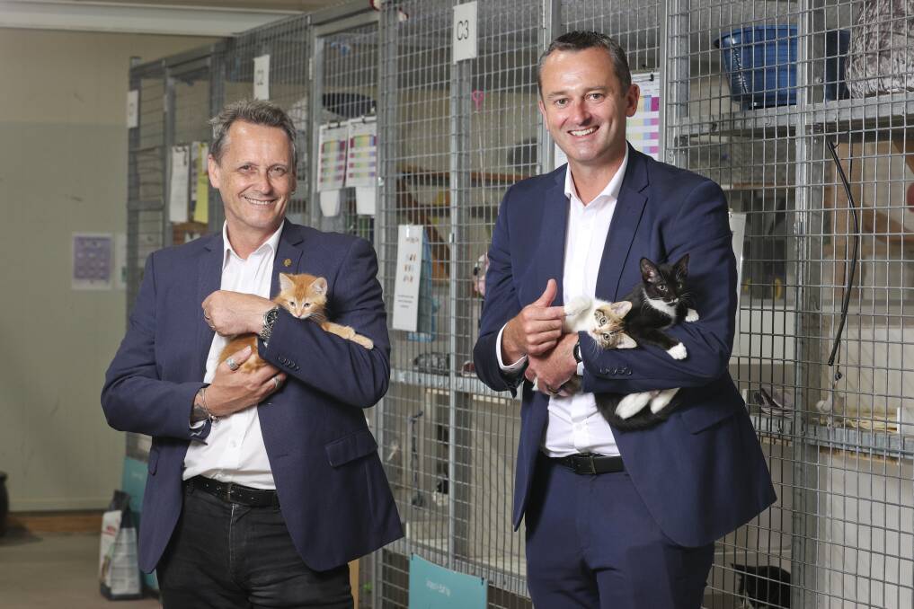 Member of the Victorian Legislative Council Andy Meddick and Ballarat City Council Mayor Daniel Moloney at the Ballarat Animal Shelter. Picture: Luke Hemer.