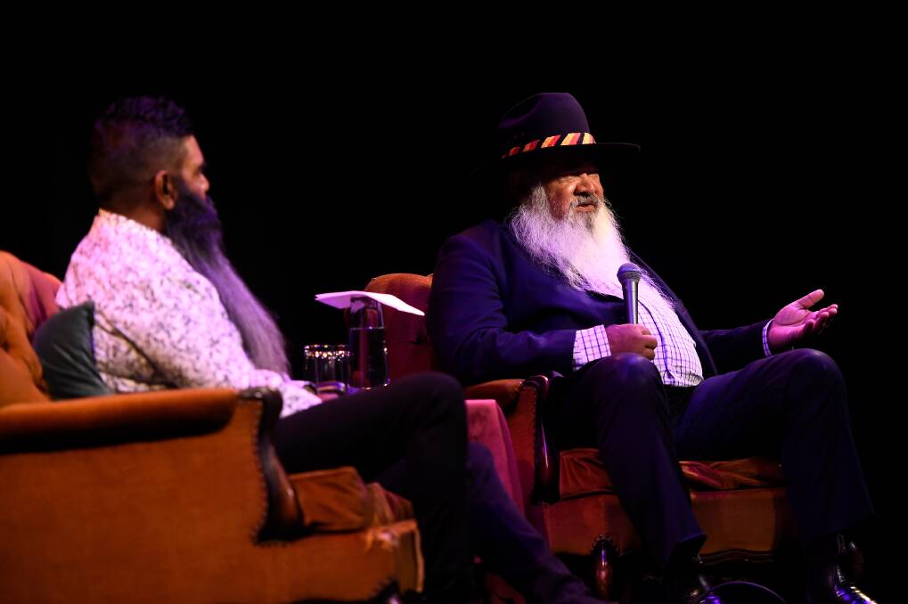 Senator Pat Dodson (right) in conversation with BADAC's Shu Brown about the voice to parliament. Picture by Adam Trafford. 