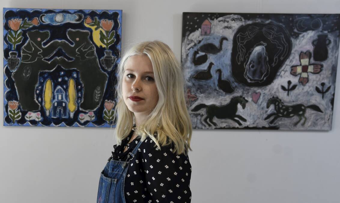 Fabienne Marguerite with her first solo exhibition Fever Moon in the Art Space Ballarat. Picture by Lachlan Bence. 