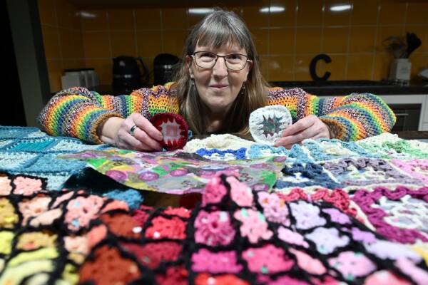 Passionate recycler and Ballarat resident Catherine McMurray with the craft she has made to avoid soft plastics going to landfill. Picture by Kate Healy