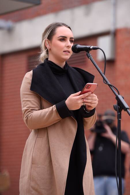 Macaylah Johnson addresses the crowd at the Womens March 4 Justice Protest in Alfred Deakin Place Ballarat on March 15 2021. Picture by Adam Trafford