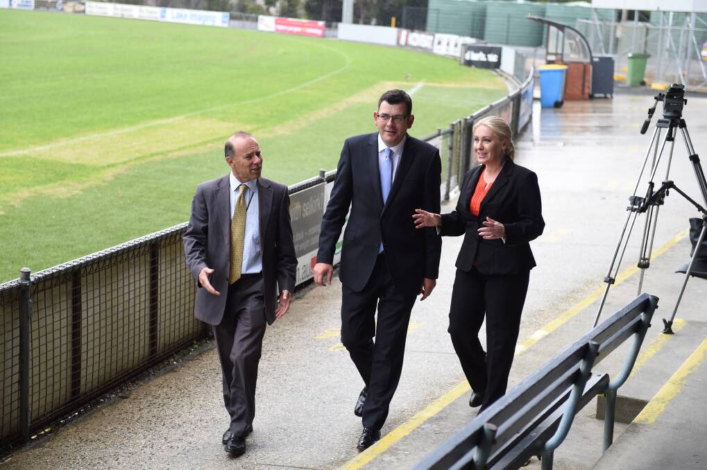 Member for Ballarat East Geoff Howard, Labor opposition leader Daniel Andrews, Member for Ballarat west Sharon Knight at Eureka Stadium in April 2014. Picture by Lachlan Bence