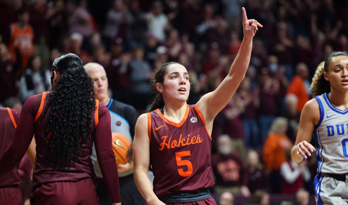 Georgia Amoore celebrates Virginia Tech's win over Duke University. Picture by Getty Images