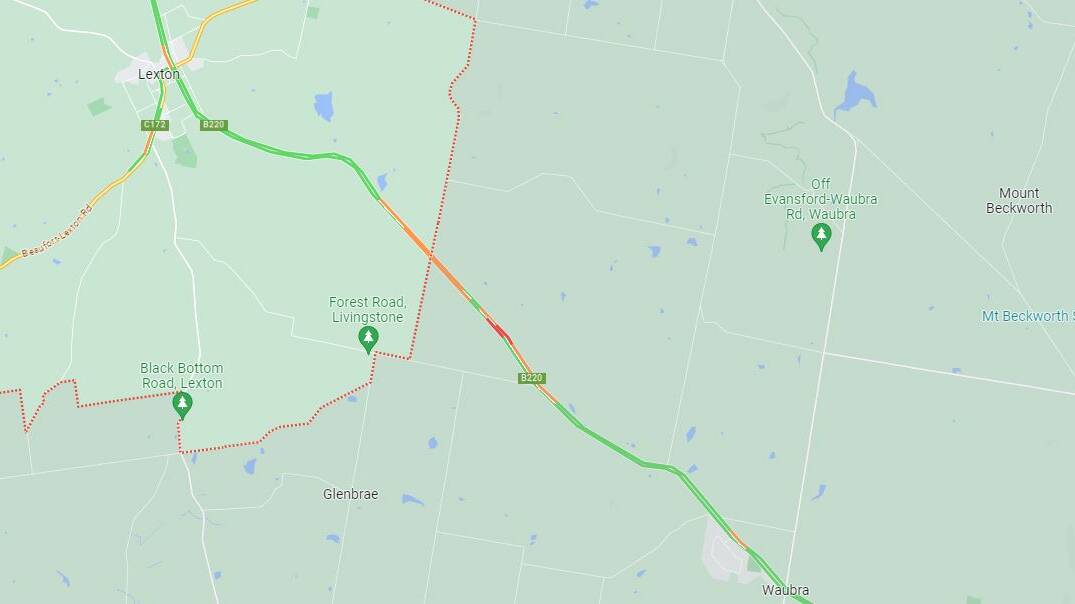 A Google live traffic snapshot showing where police have closed the highway between Waubra and Lexton.