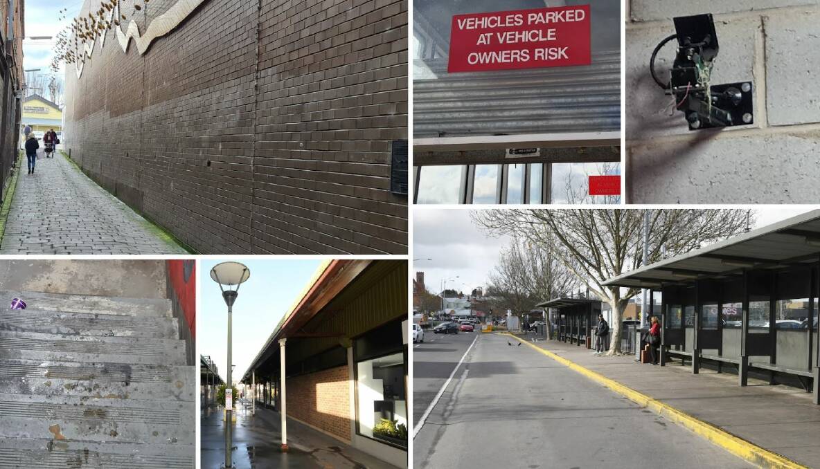 Ballarat police say to make the CBD safer we should rethink dark-coloured laneways, bus shelter designs, broken security cameras, years-old graffiti and 'park at your own risk' signs. Pictures supplied