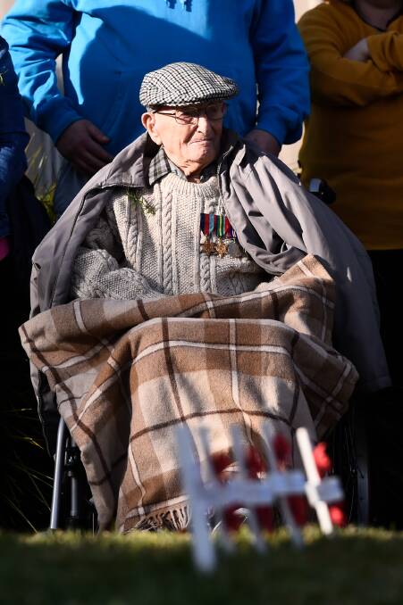 Bill Tregenna,102, at the 2023 Anzac Day service at the Sebastopol cenotaph.Picture by Adam Trafford.