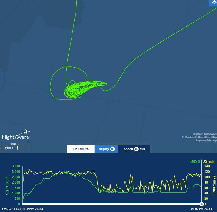 The water-bombing aircraft from Mangalore put in the hard yards over the Mount Mercer-Dereel Road plantation fire. Flight path image from FlightAware.
