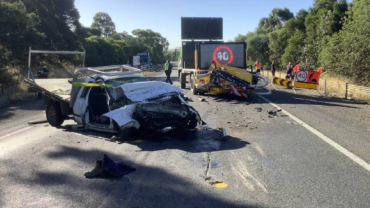 This ute slammed into another parked roadworks truck on the Western Freeway - this time at Invermay Park on Valentines Day. Picture by Victoria Police. 
