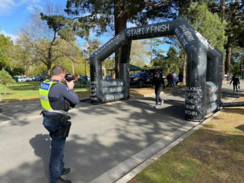 7kmh in a 5 speed zone? Police added a lighter note to Walking Off the War Within when they clocked walkers at the Lake Wendouree finish line with a radar gun. Picture Victoria Police.