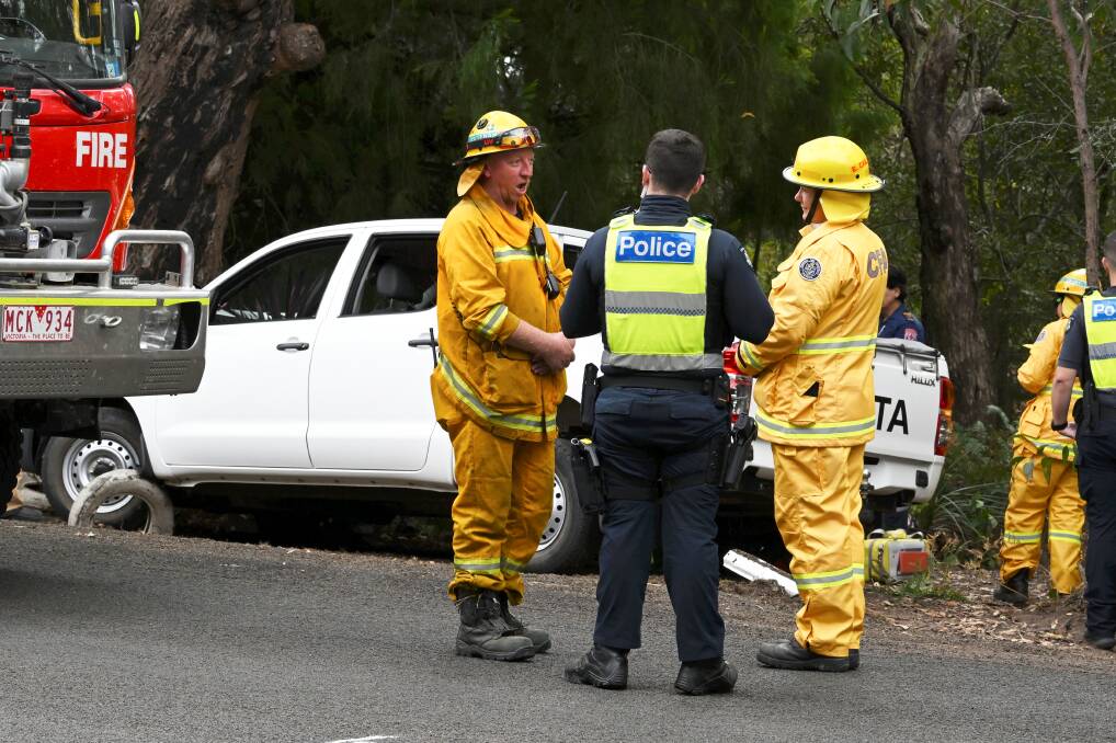 
Emergency services on Smythesdale-Snake Valley Road after a 72-year-old crashed into a tree on April 6, 2024. Picture by Lachlan Bence