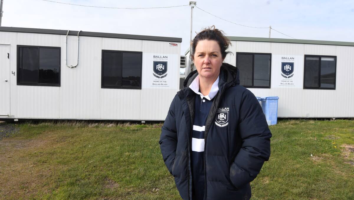 Ballan Football Netball Club member Loretta Conroy standing in front of the changerooms funded by club members. Picture by Lachlan Bence