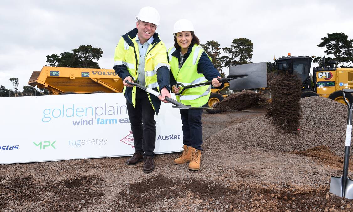 TagEnergy Managing Partner Andrew Riggs and Energy and Resources
Minister Lily D'Ambrosio turn the sod to mark the beginning of construction at the Golden Plains Wind Farm. Picture by Adam Trafford