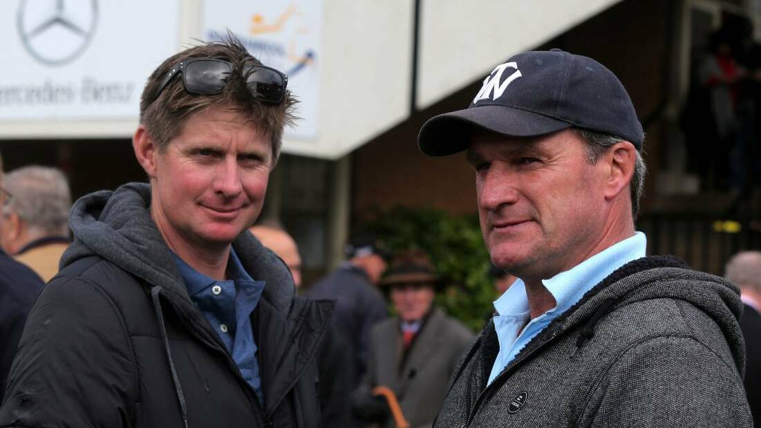 Former Warrnambool trainer Jarrod McLean (left) and Darren Weir in the Warrnambool mounting yard at a May Race Carnival. File picture. 
