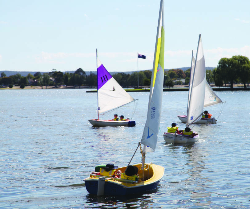 Breezy: Ballarat Specialist School students on the water on Wednesday in a Ballaarat Yacht Club Sailability session, which LEAP students do every year. PICTURE: Mike Blythe