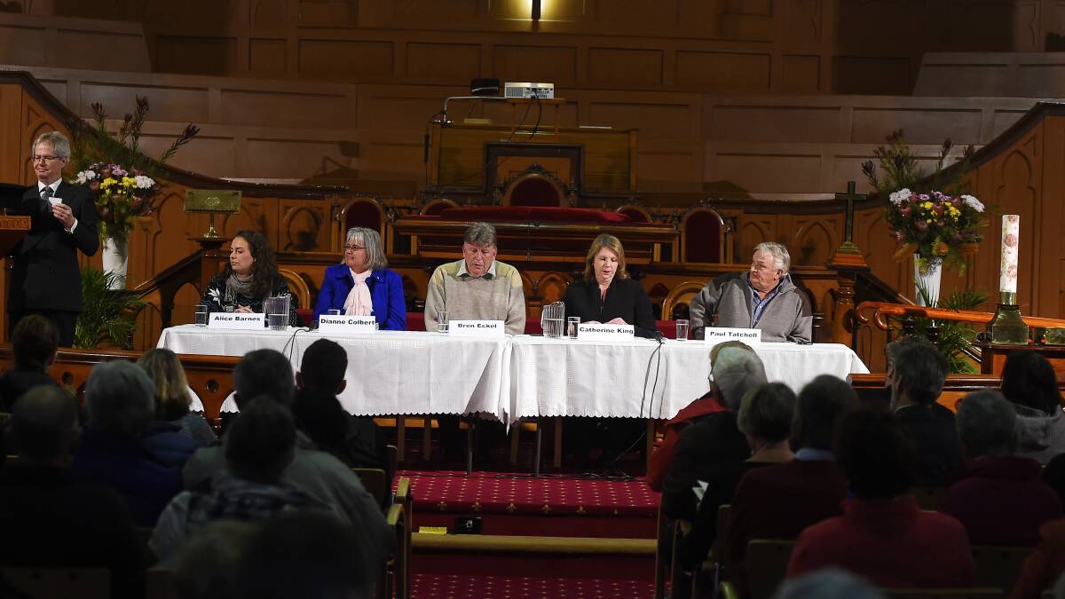 Brian Collins, Alice Barnes, Dianne Colbert, Bren Eckel, Catherine King and Paul Tatchell at the social justice debate on Monday. PICTURE: Luka Kauzlaric
