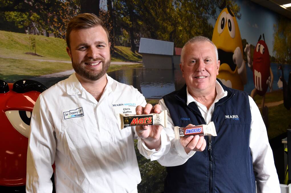 Mars Wrigley research and development director Chris Hutton and packaging engineer Roger Cripps, of the Ballarat factory, hold the new paper-based wrapped chocolate bars. Picture by Adam Trafford