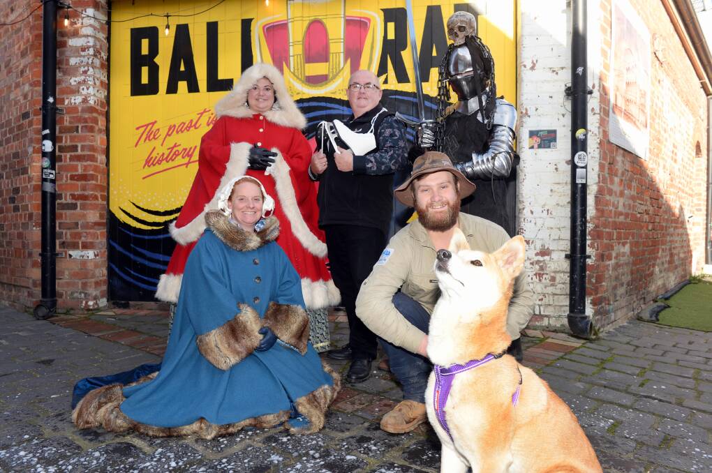 Back- Lucy McNeil (Sovereign Hill), City of Ballarat mayor Des Hudson and The Black Knight (Kryal Castle). Front- Claire Brown (Sovereign Hill) and Riley Morris (Ballarat Wildlife Park) with Luna. Picture by Kate Healy