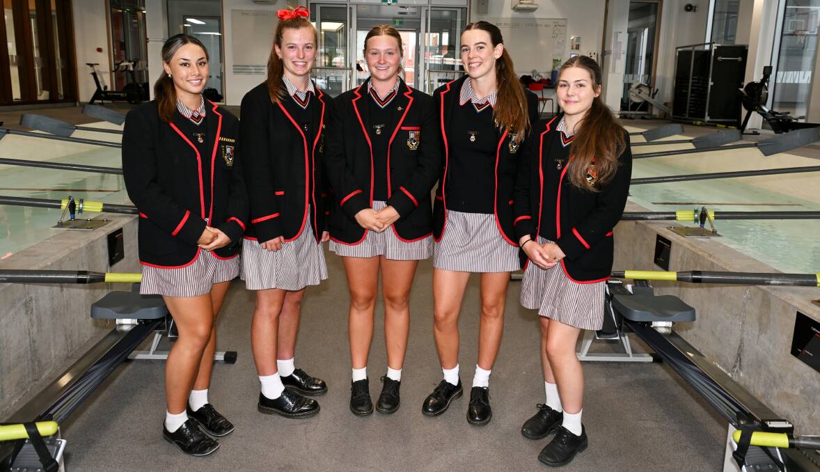 Ballarat Clarendon College girls' firsts crew Teja Kirsanovs (stroke), Annabelle Moloney (three-seat), Mackenzie Kopke-Veldhuis (two-seat), Phoebe Maher (bow) and Cooper Nolle (coxswain). Picture by Lachlan Bence