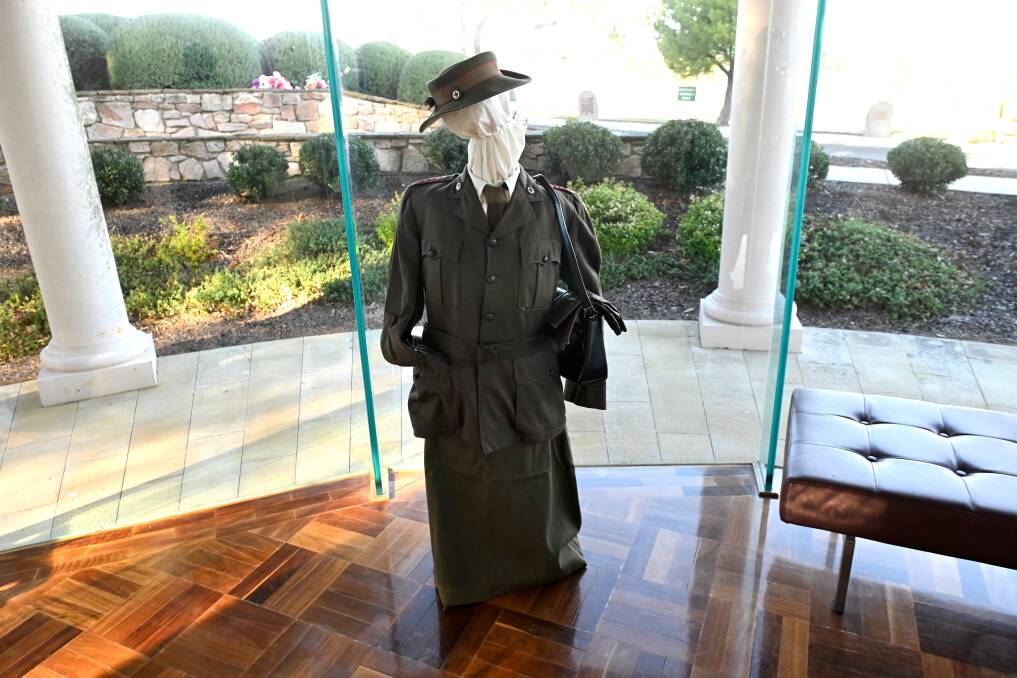 The uniform of Australian Red Cross field force member Maureen White on display at Ballarat Cemetery for the project announcement on June 28, 2024. Picture by Adam Trafford