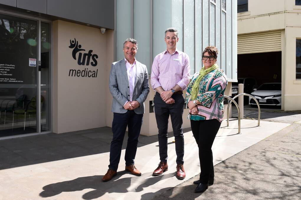 UFS chief executive officer Matt Vagg with Grampians Health emergency department nurse unit manager Grant Berriman and Western Victoria Primary Health Network chairmanager Rowena Clift. Picture by Adam Trafford