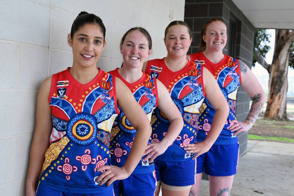 East Point's Sammy Stephens with teammates Georgia Deloas-Chapple, Issie Terry and Jessie Cartledge in her team's Indigenous design jumpers for their match on Sunday, May 19, 2024. Picture by Kate Healy