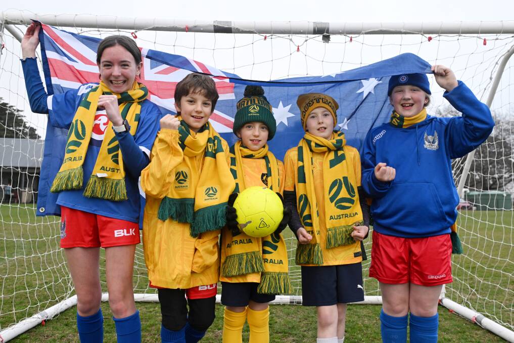 Lana Wilson, Carlos Myers, Sally Myers, Holly Foale and Amity Fitzpatrick gather at Victoria Park to celebrate the Matildas' 2023 World Cup run. Picture by Kate Healy