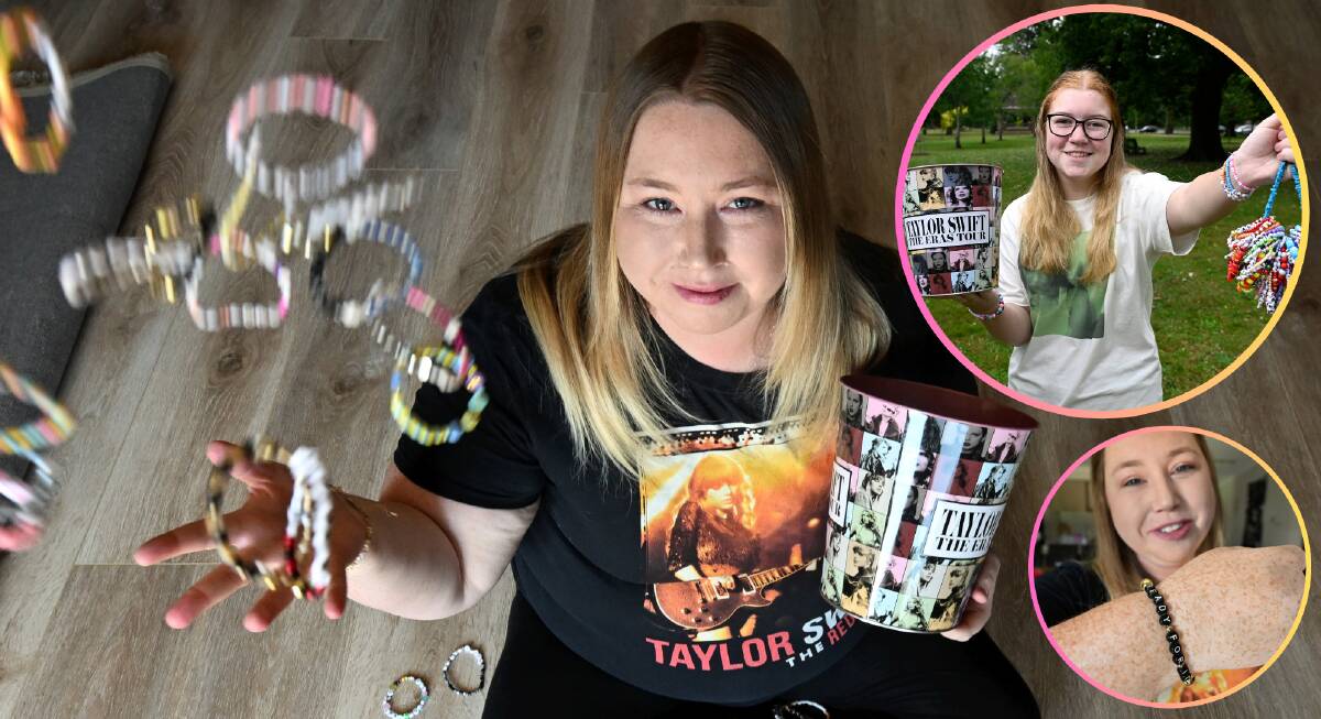 Victoria Appleby is ready to make new friends with her bracelet collection and (inset) teenager Laila Gibson has made more than 200 Swiftie friendship bracelets. Pictures Lachlan Bence and Adam Trafford