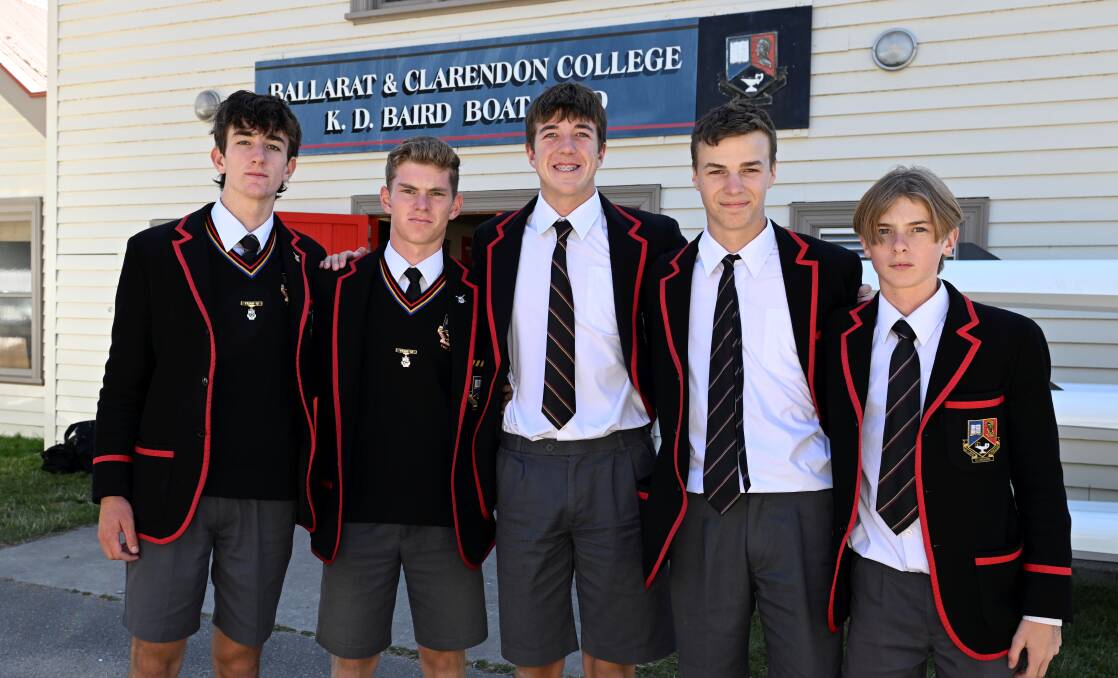 Ballarat Clarendon College boys' firsts crew Charlie McClure (stroke), James Forsyth (three-seat), Max Mason (two-seat), Stuart Hall (bow) and Reece Belcher (coxswain). Picture by Lachlan Bence