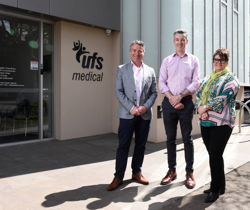 UFS chief executive officer Matt Vagg with Grampians Health emergency department nurse unit manager Grant Berriman and Western Victoria Primary Health Network chairmanager Rowena Clift. Picture by Adam Trafford