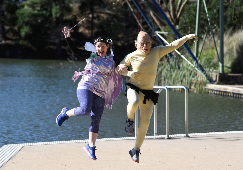 Fairy and run director Chrissy Austin bounds into the light with goblin runner Michael Sacco ahead of the first themed Calembeen Parkrun, celebrating winter solstice, in Creswick this Saturday. Picture by Lachlan Bence