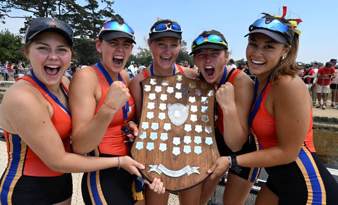 Ballarat Clarendon College 2024 Girls' Head of the Lake winners Cooper Nolle (coxswain), Phoebe Maher (bow), Mackenzie Kopke-Veldhuis (two-seat), Annabelle Moloney (three-seat) and Teja Kirsanovs (stroke). Picture by Lachlan Bence