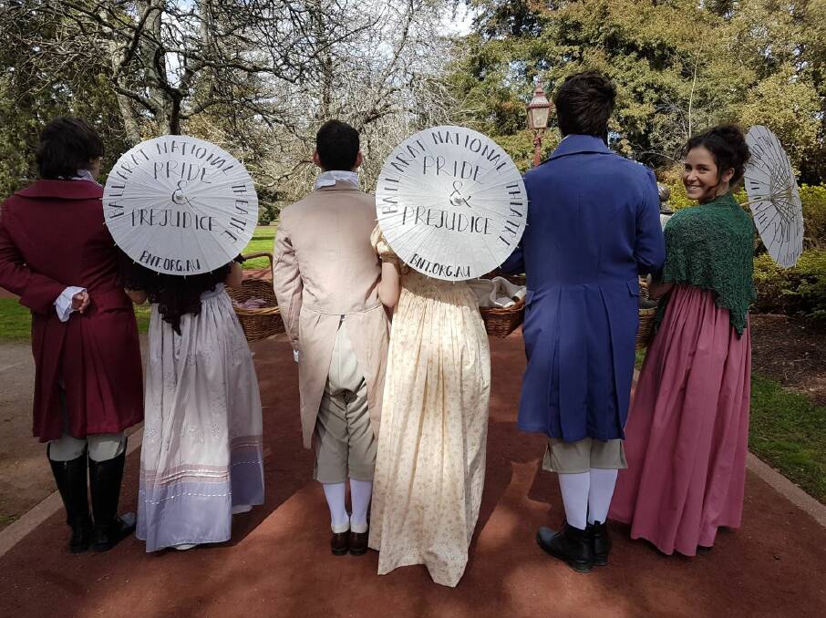 OLD FRIENDS: A promotional scene from Ballarat National Theatre's 2018 show of Pride and Prejudice with cast in Ballarat Botanical Gardens.