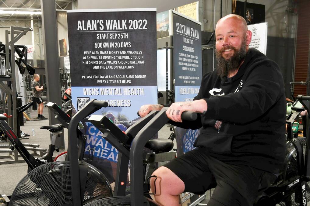Preparing for a big walk to promote mental health, Alan Thorpe finds support from D2E Gym in Delacombe to build leg strength. Picture by Lachlan Bence