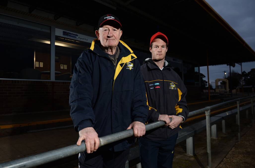 John Northey continued in a mentoring coaching role after finishing in the Ballarat Football League, such as co-coaching with Brenton Powell at Learmonth Football Club in 2014. Picture by Adam Trafford