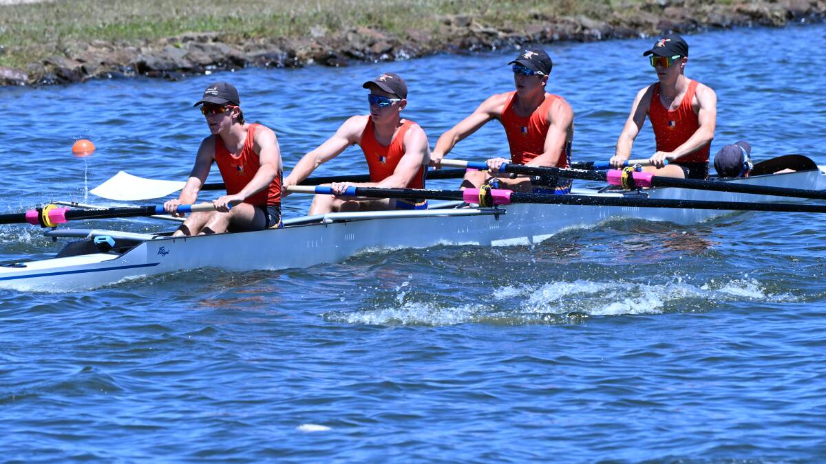 Ballarat Clarendon College boys' firsts in action at the Wendouree-Ballarat regatta earlier this month. Picture by Kate Healy