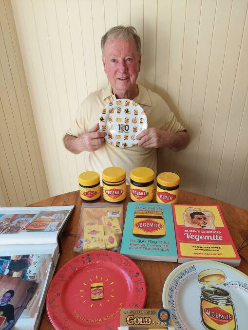 Vegemite superfan Peter Crohan from Melbourne with his rich collection. Picture Cyril Callister Museum