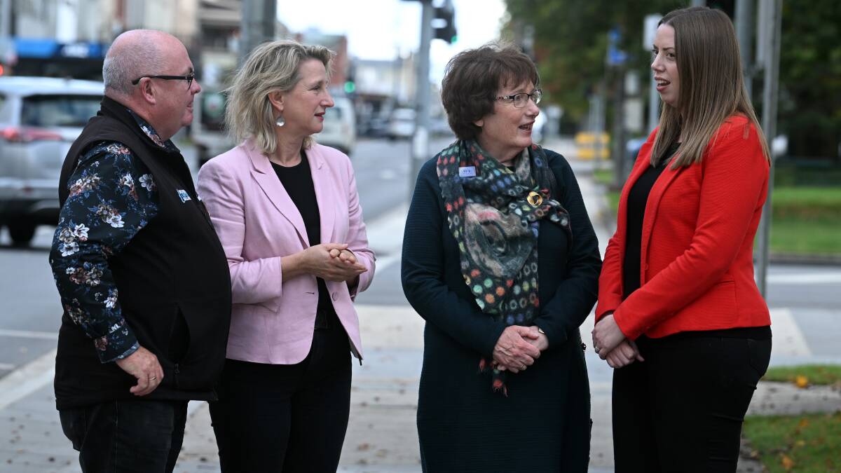 City of Ballarat mayor Des Hudson, Victorian Family Violence Prevention Minister Vicki Ward, Women's Health Grampians' Jane Measday and Ripon MP Martha Haylett say this is issue far bigger than Ballarat that must be tackled at the grassroots. Picture by Kate Healy
